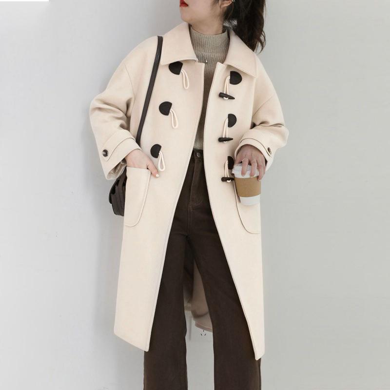 Women's Retro Toggle Wool Coat: Mid-Length Korean Preppy Style, Thickened for Autumn & Winter 2023