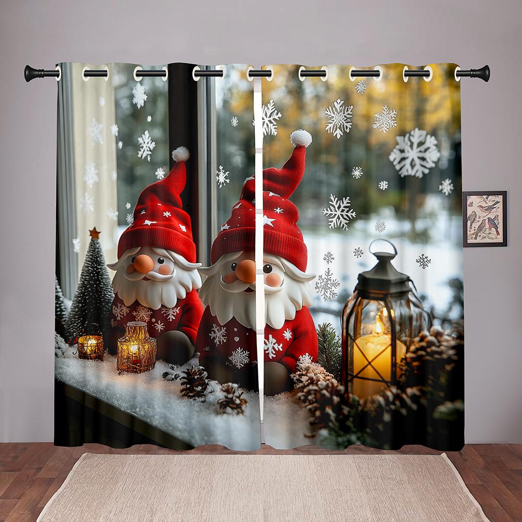 Christmas Gnome Curtains 2 Panels 3D Print Sun Block Winter Holiday Decor Bedroom Living Room Snow Lantern Pattern Cozy Festive