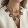 Comfortable Everyday Necklace Floral Heart Charms Necklace, Double Layer Vintage Chain Choker Oval Faux Rose Pendant Diamond Ring, Enamel Pendants