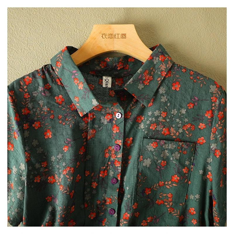 Vintage Floral Print Women's Shirt Summer Fashion Short Sleeve Pocket Loose Casual Blouse Comfortable Soft Thin Daily