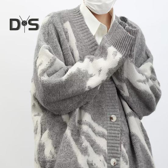 Men Cardigan Sweater Retro American Style V Neck Loose Single-breasted Contrast Color Knitted Sweater Coat Hip Hop Style Streetwear Jacket