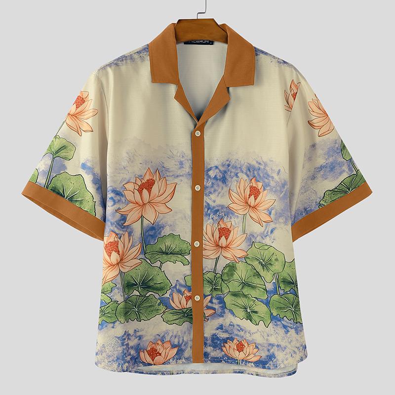 

INCERUN Men Lapel Neck Stitching Short Sleeve Floral Print Casual Shirts 5XL хаки