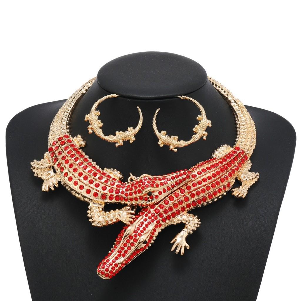 Rhinestone Creative Decoration Crocodile Design Women Necklace And Set Earring