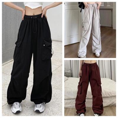 Damen Casual Joggers Tech Pants Einfarbige Hose mit niedriger Taille Kordelzug Weites Bein Baggy-Hose Y2k Streetwear Übergroße Jogginghose