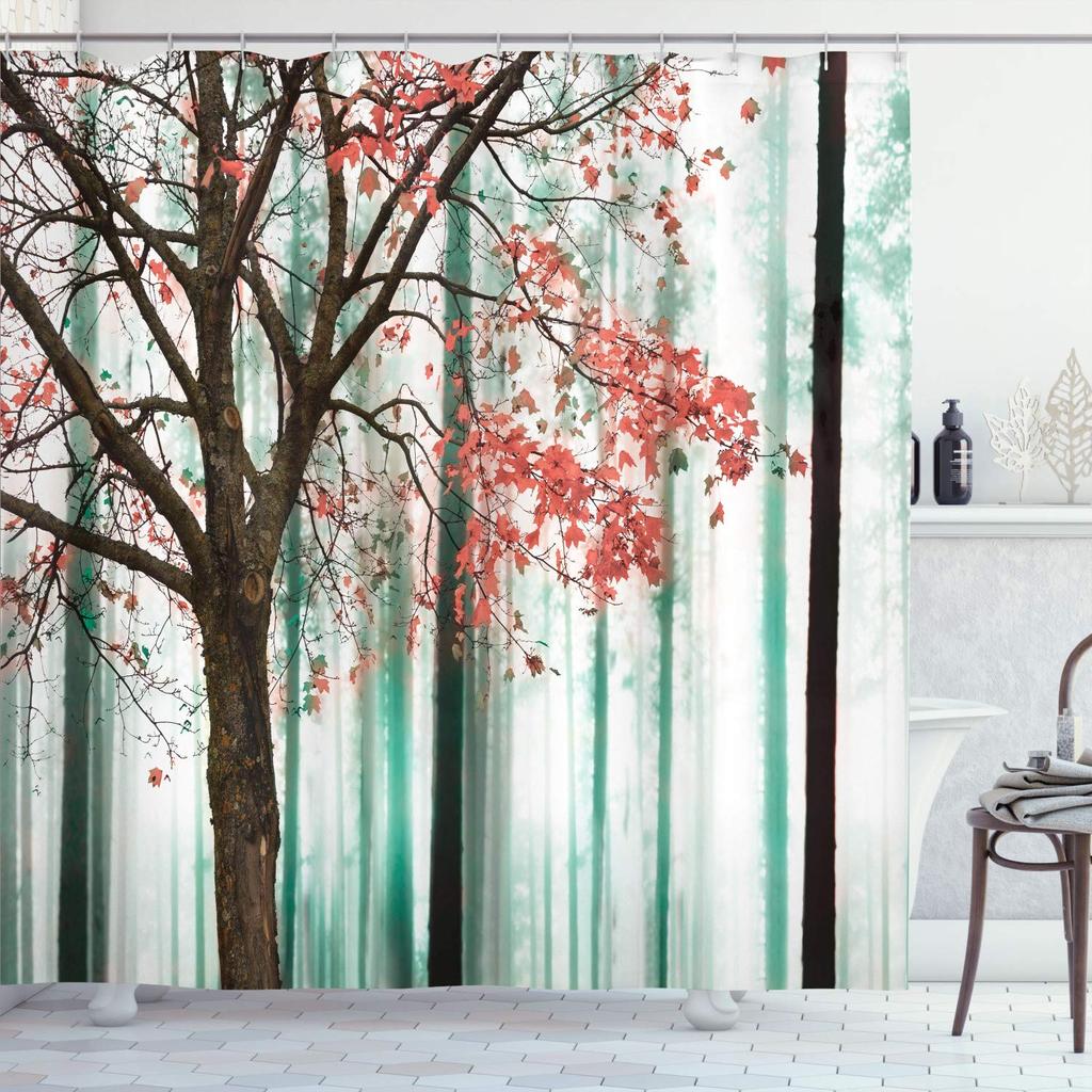 Autumn Shower Curtain,Fall Season Theme Forest Tree Leaves on An Abstract Woodland Background Bathroom Curtains with Hooks