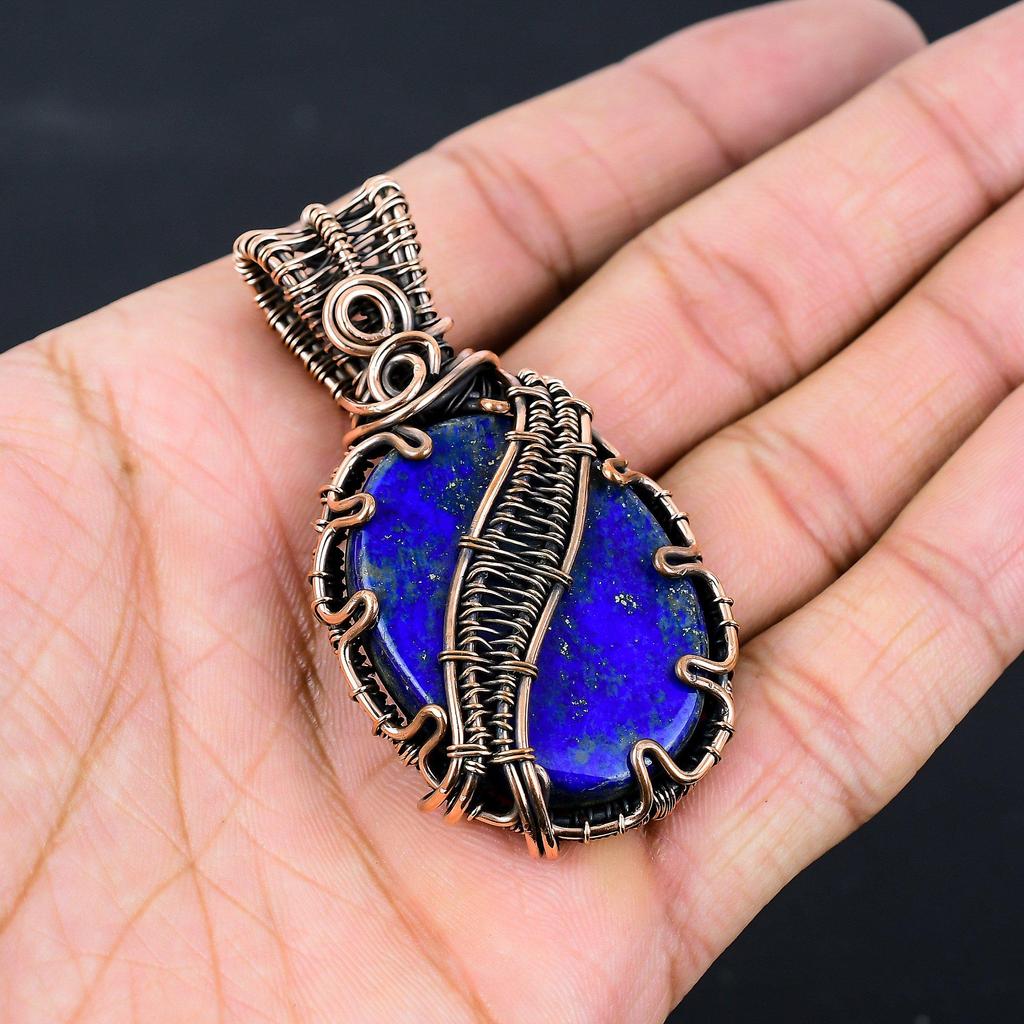 Lapis Lazuli Gemstone Pure Copper Wire Wrapped Handmade Pendant Jewelry Gift For Her