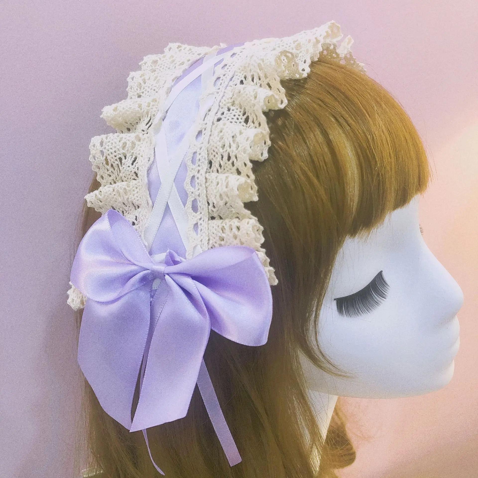 

Женская повязка на голову в стиле Лолиты с рюшами, милая кружевная лента с бантом, повязка на голову с бантом, японский аниме-костюм горничной, головной убор Free size фиолетовый