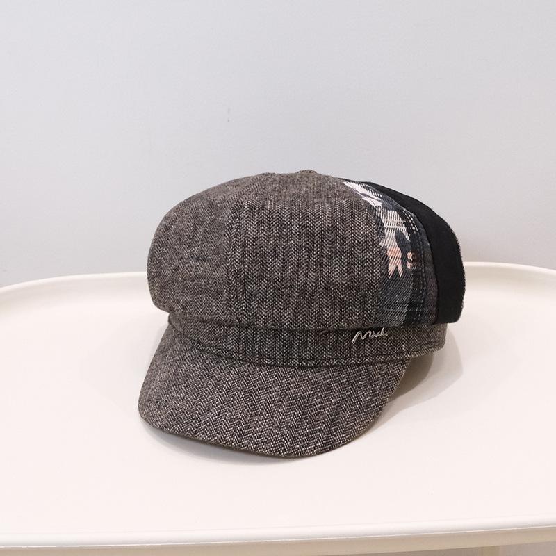 Autumn and winter color matching retro British style cap women's fashion simple casual versatile temperament octagonal hat tide