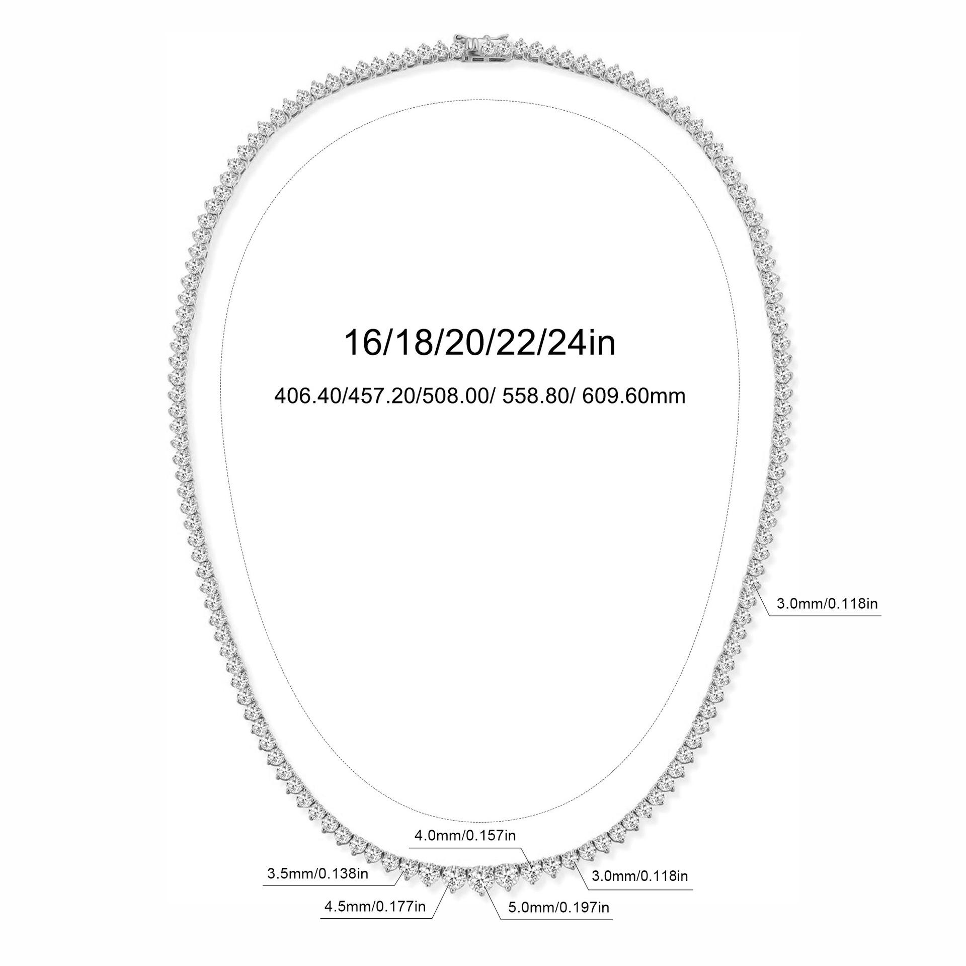 3-Prong Gradient Zircon Tennis Necklace Choker, 3mm-5mm, Fashion Heavy Industry Design 16 inch