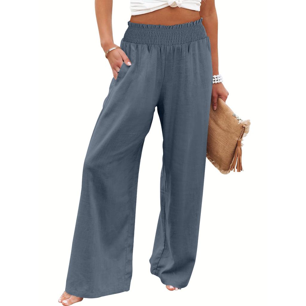 Summer Cotton Linen Wide Leg Pants Women Loose Palazzo Pant Pocket Elastic Waist Casual Pants