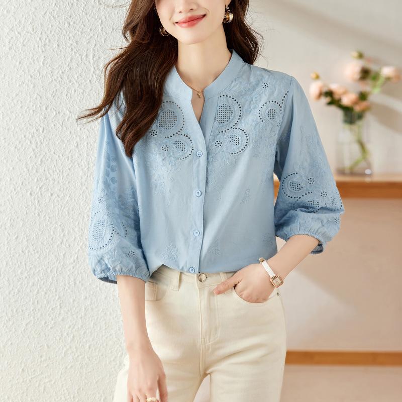 V-neck Embroidery Hollow White Shirt Women's Cotton Temperament Light Maturity Blouse Shirt