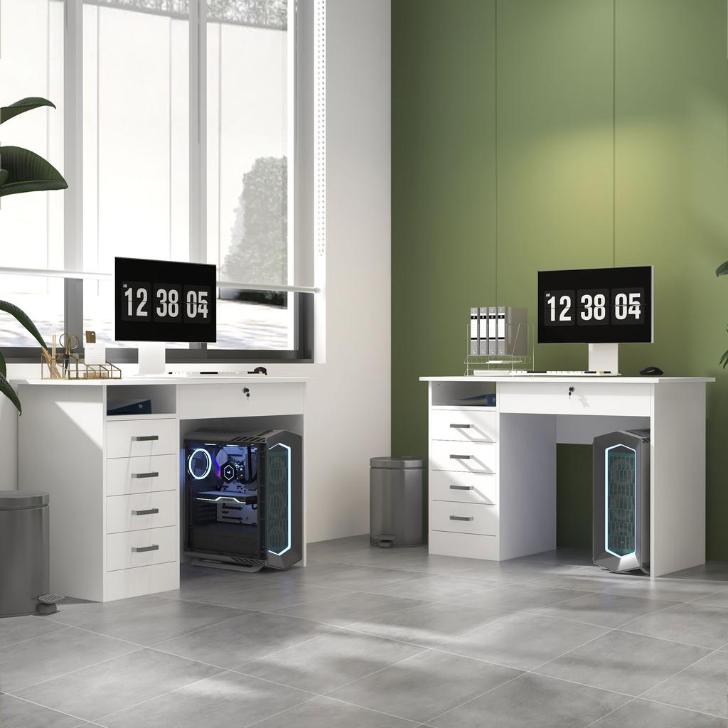 Modern Desk, 5 Drawers, 1 Open Compartment, Lockable, 110 x 50 x 76 cm, White