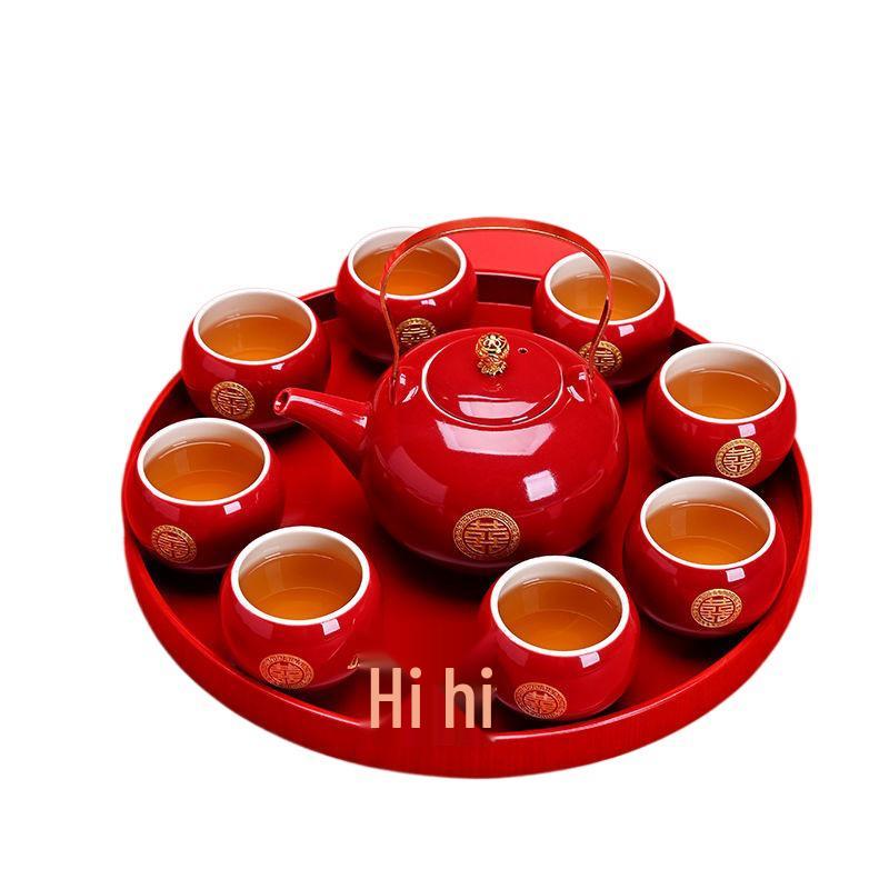 Red Chinese Wedding Tea Set: Complete Gift with Bride's Dowry Tray & Teapot