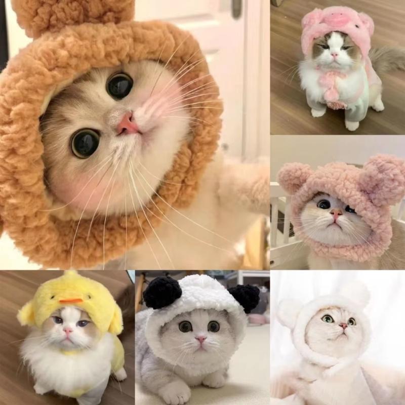 Funny Cat Cap Bear Plush Head Cover Cute Cat Dog Woven Warm Headdress Pet Hats Kitten Puppy Cosplay Costume Accessories