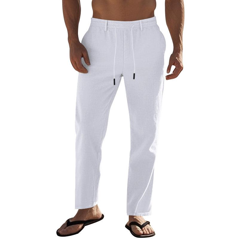 New Drawstring Men's Minimalist Fashion Solid-Colour Casual Cotton-Linen Straight-Leg Trousers