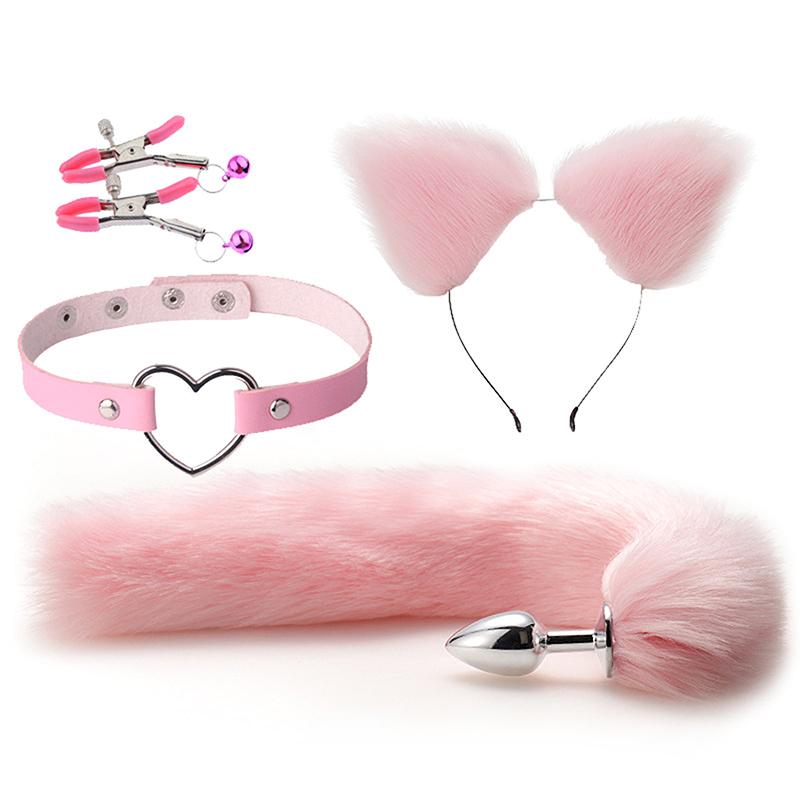 4Pcs Set Cute Fox Butt Tail Collar Anal Plug Nipple Clamp Soft Cat Ears Headbands Cosplay Adult Sex Toys Accessories