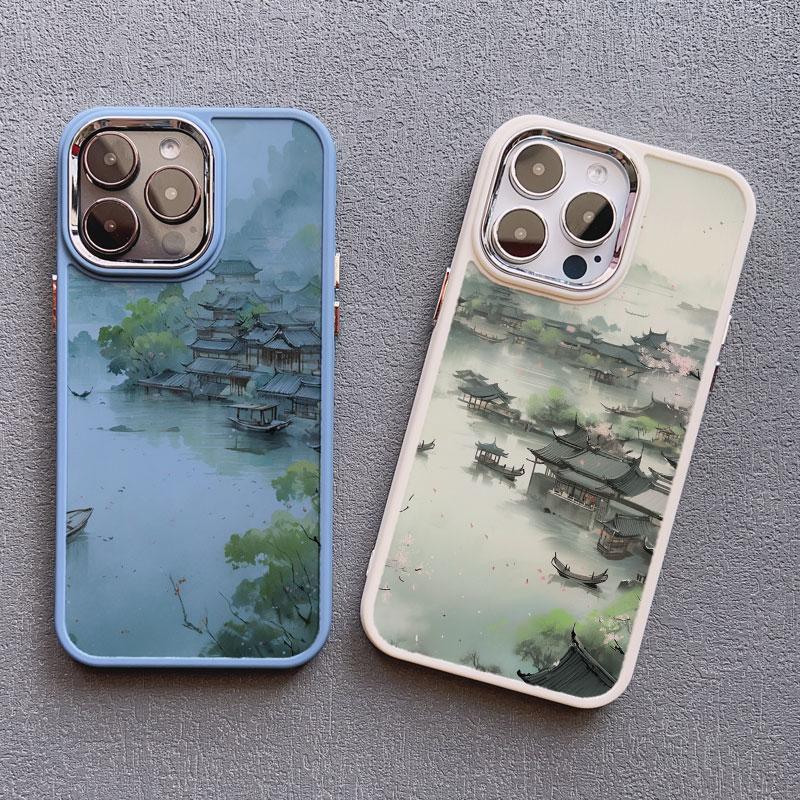 Mountains and Streams Pavilion Ink Brush Painting Phone Case for iPhone 12 13 14 11 Pro Max X XR XS 14 7 8 Plus SE Silicon Cover
