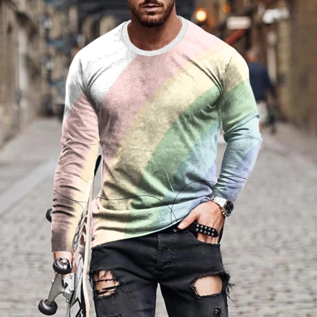 Vintage Enkel Enfärgad 3d-tryck Sommar Herr Rundhals T-shirt Ledig Långärmad Oversize Pullover Mode Herrkläder