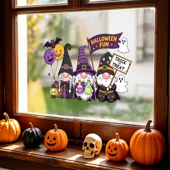 Static Glass Sticker, No Residue Reusable Window Clings, Festive Glass Decal with Halloween Dwarf Wizards Black Cats Ghosts Skeletons Pattern