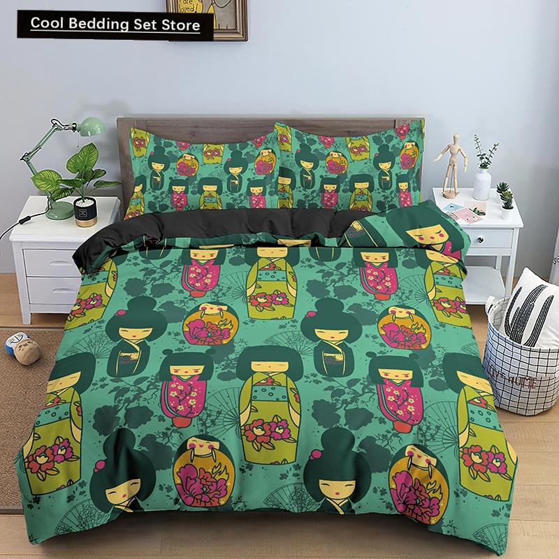 Bettbezug mit japanischer Puppe, bedruckt, King-Queen-Bett, Cartoon-Glückskatze, Bettwäscheset für Kinder und Mädchen, Fan, weiß, 2/3-teilig, Polyester-Bettbezug