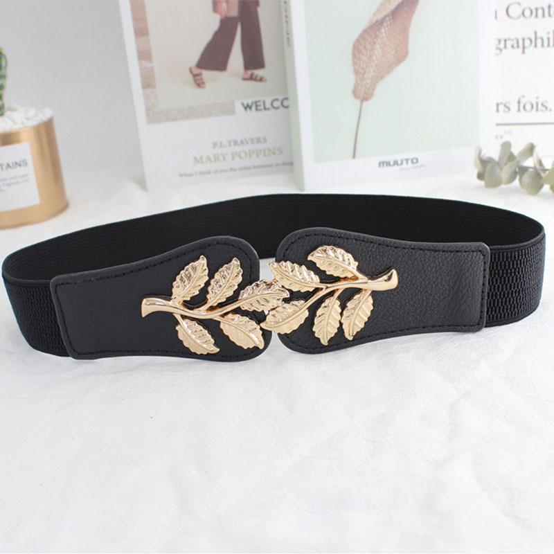 Trendy Golden Leaves Buckle Wide Elastic Waist Belt For Ladies Waist Belt Clothing Accessories Party Decoration
