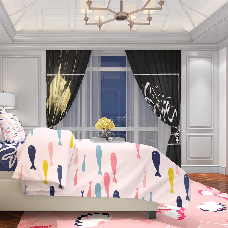 2PCS Ramadan auspicious lanterns blessing Ramadan printed curtain polyester material suitable for bedroom living room,