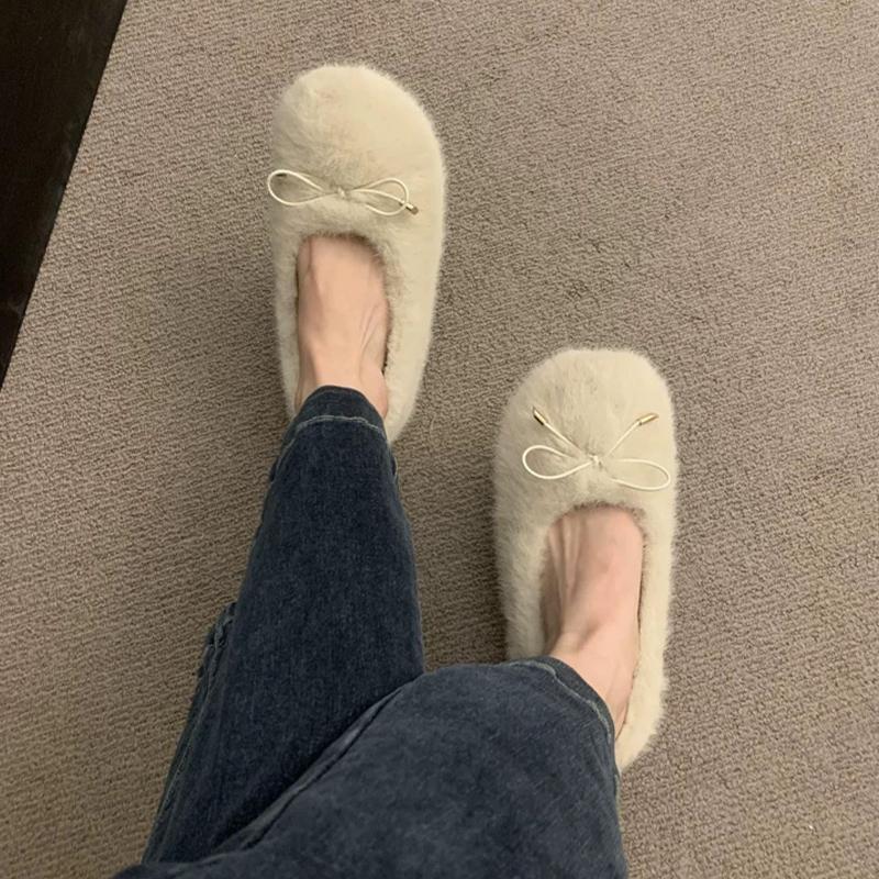 Fashion Fur Women Cotton Shoes Bow Warm Flats Cozy Shoes Winter Fashion Shallow Snow Boots 2025 New Short Plush Dress Botas De Mujer