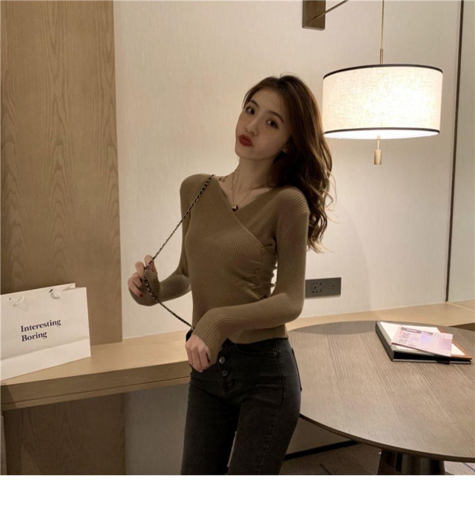 Damen V-Ausschnitt Slim Fit Langarm Strickpullover - Herbst/Winter 2025 Koreanischer Stil