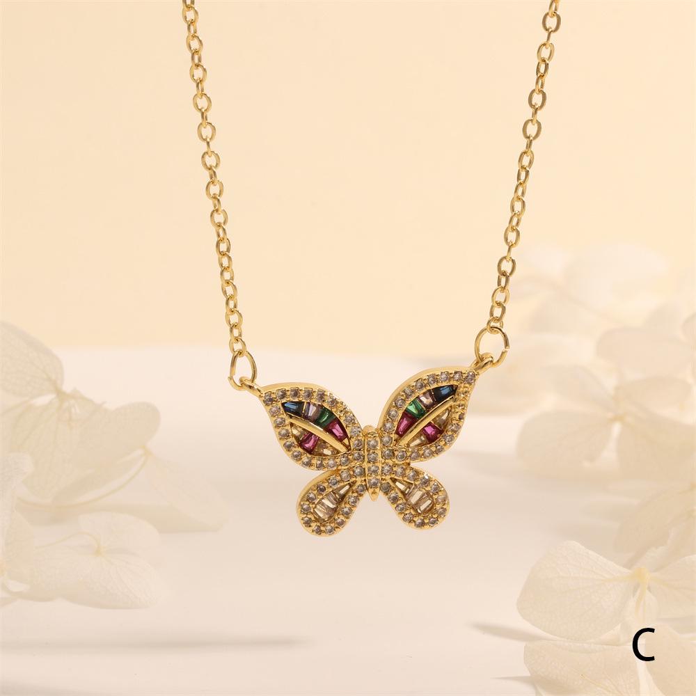 Color-Inlaid Zircon Butterfly Pendant Necklace - Fashionable Copper Insect Jewelry