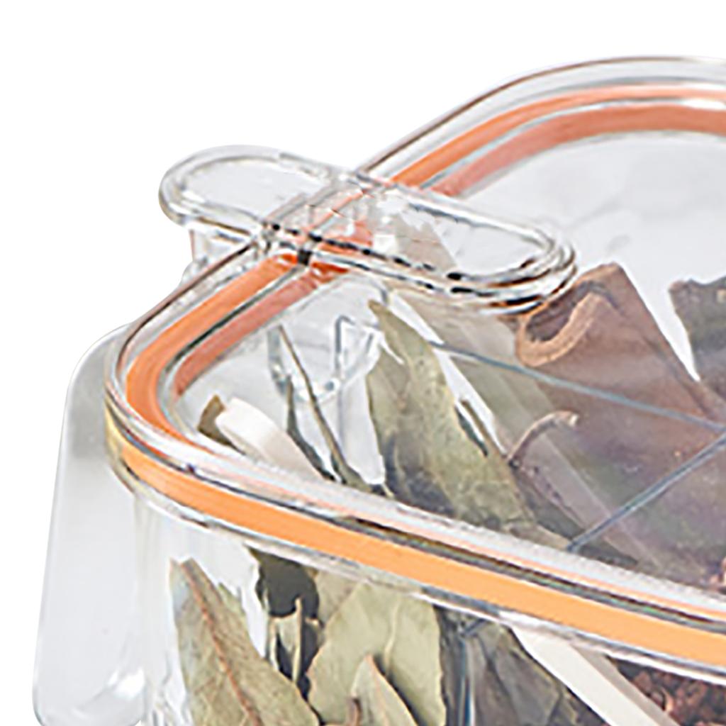 4 Grid Clear Seasoning Box Kitchen Spice Pot Condiments Storage Container with Cover and Spoon Transparent and Orange