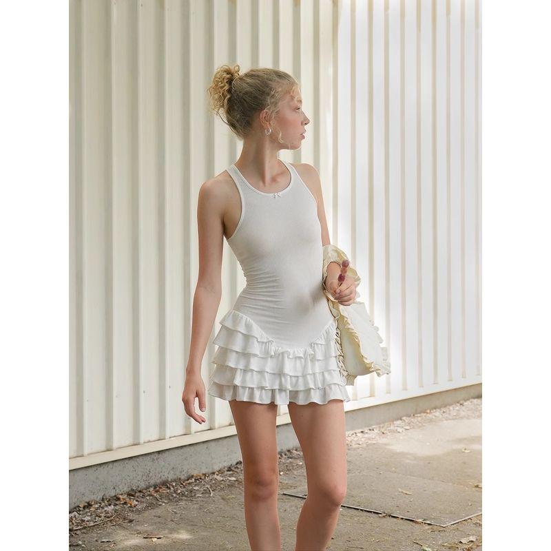 Miuli Miu Style American Sweetheart Gyaru Design Sense Frill Multi-Layer Cake Skirt Sleeveless Vest Dress