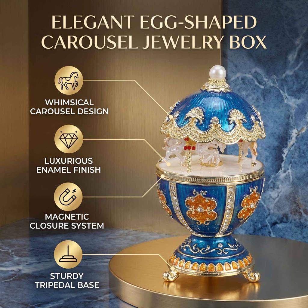 Carousel Jewelry Box Magnetism Egg Shaped Rotating Horse Rhinestone Enamel Jewelry Storage Box Blue