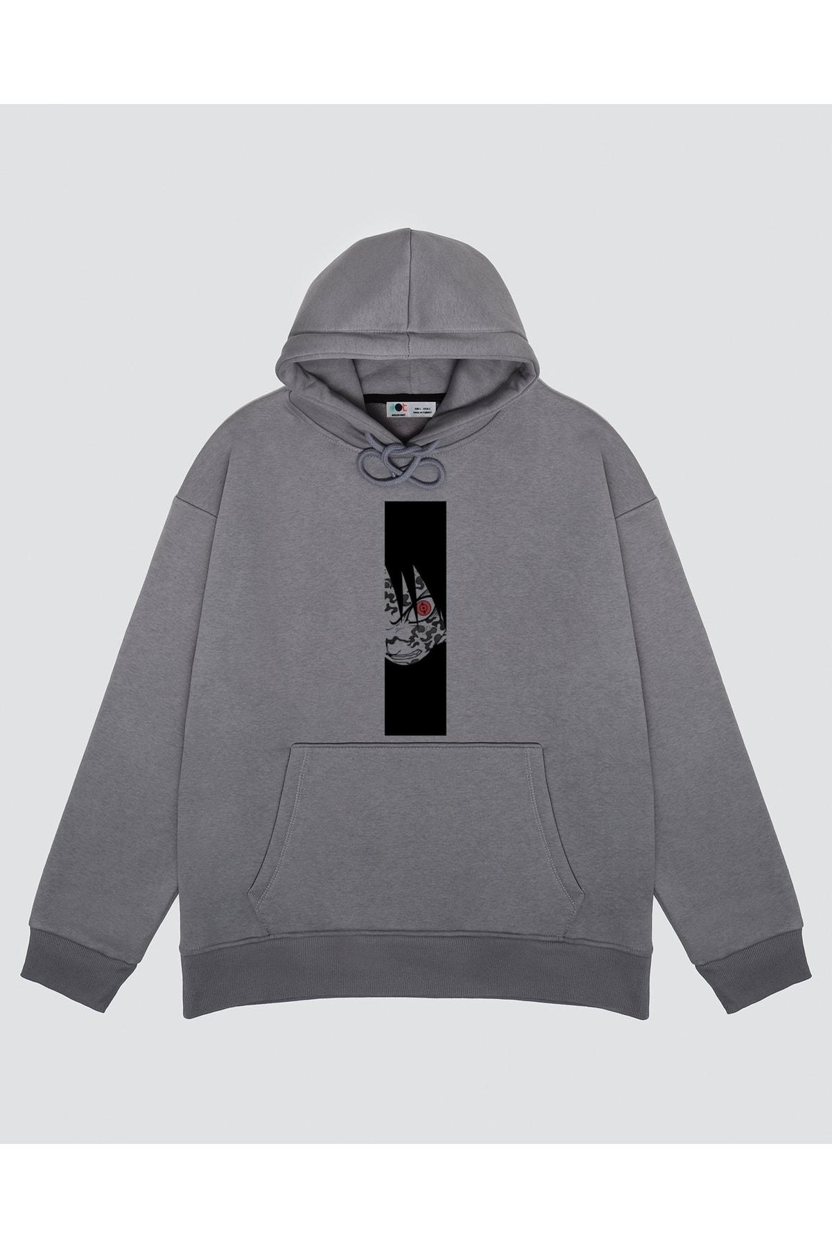 

Unisex Gri Kapşonlu Sweatshirt Sasuke Uchiha Sharingan Manga Style