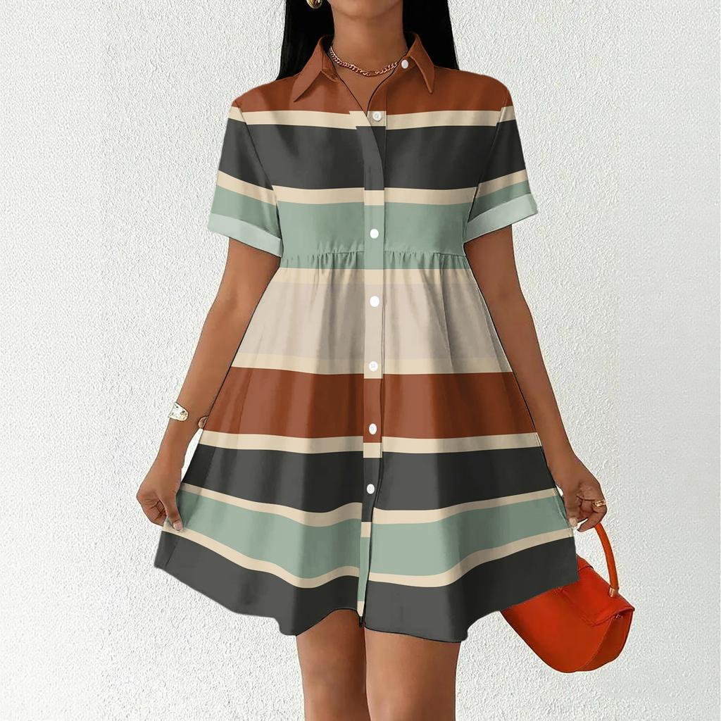 Women Loose Fit Casual Shirt Dress with Button Front and Stand Collar Short Sleeve Striped Design for Everyday Wear