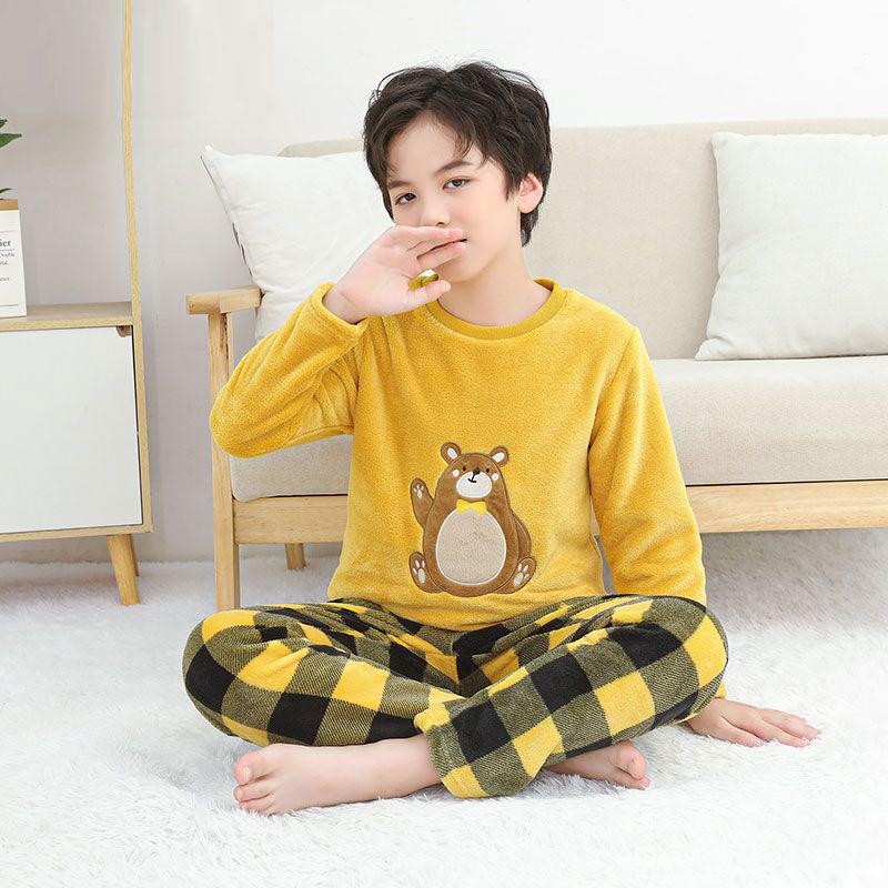 Flannel Boys' Pajama Set - Coral Fleece, Medium-Large, Plus Velvet, Thickened for Autumn/Winter