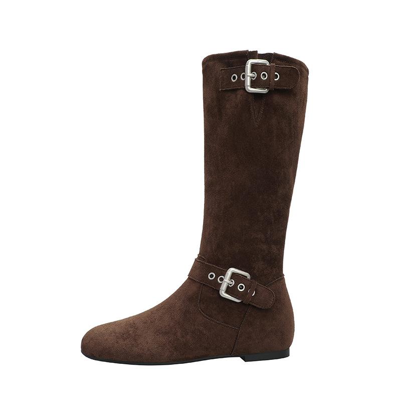 Western Cowboy Boots Retro Round Toe Short-legged Slim Boots with Hidden Wedge Heels Suede High-top Slouch Boots 39 темно-коричневого 5900₽