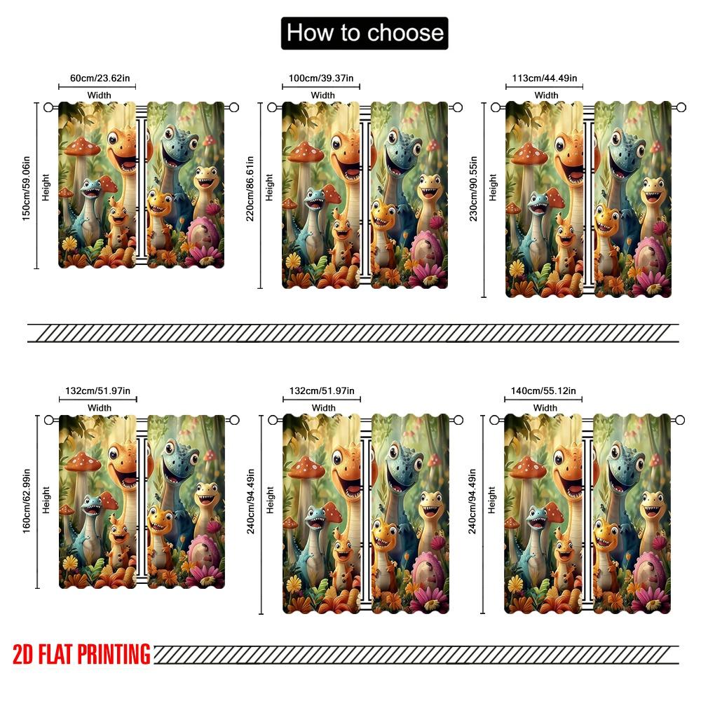 2pcs,2D Plane Printing Curtain Fabric Dinosaur Friends Versatile Polyester Fabric (without Rod) Gifts Use for Living Room,