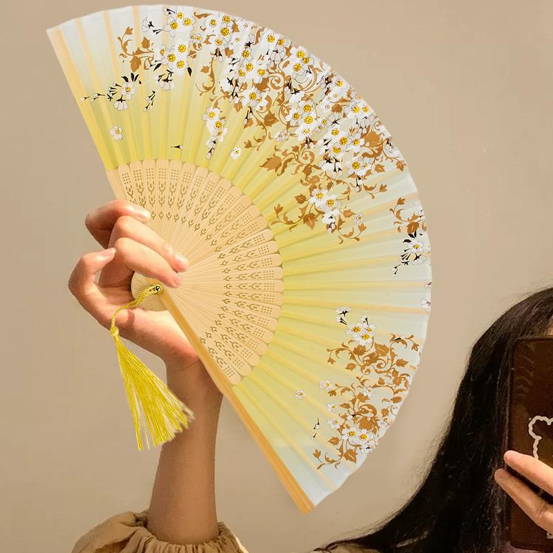 Chinese Style Bamboo Tassels Ink Wash Pattern Dance Party Show Silk Cloth Ornament Folding Fan Hanfu 9 Colors