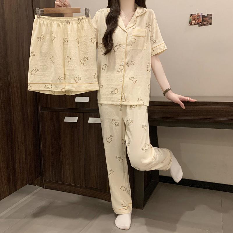 Cloud Cotton 3-Piece Summer Pajama Set: Women s Short Sleeve, Shorts, Long Pants, and Cardigan Casual Loungewear. XL