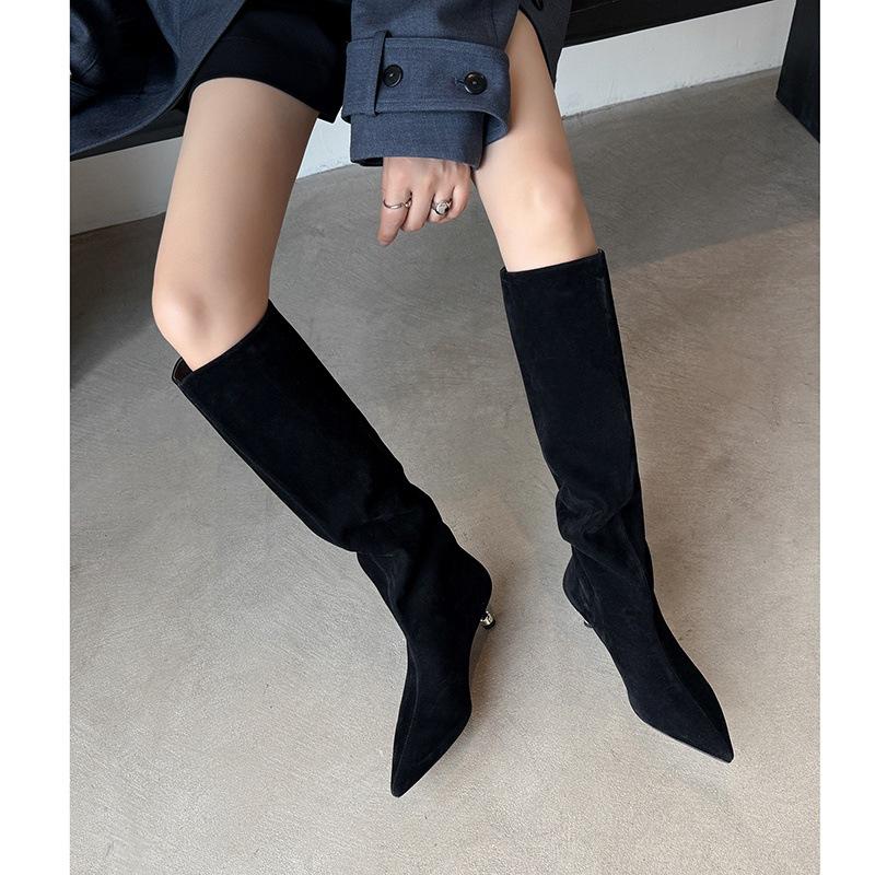 2025 autumn new matte leather high boots British style fashion versatile pointed heel but knee fashion boots