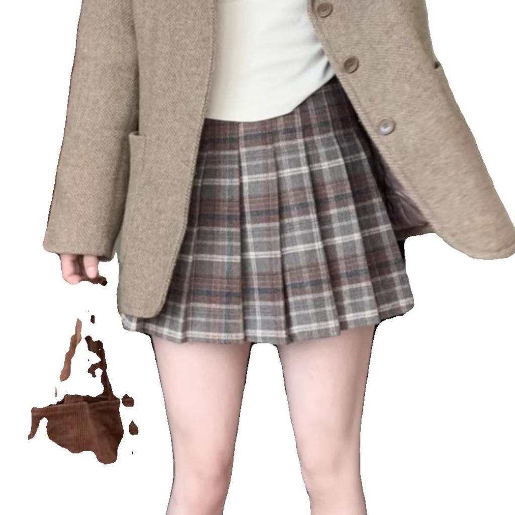 Retro Wool Blend Plaid Midi Skirt: Autumn/Winter, Plus Size, Pleated A-Line, Tummy Control, Anti-Exposure Mini Skirt