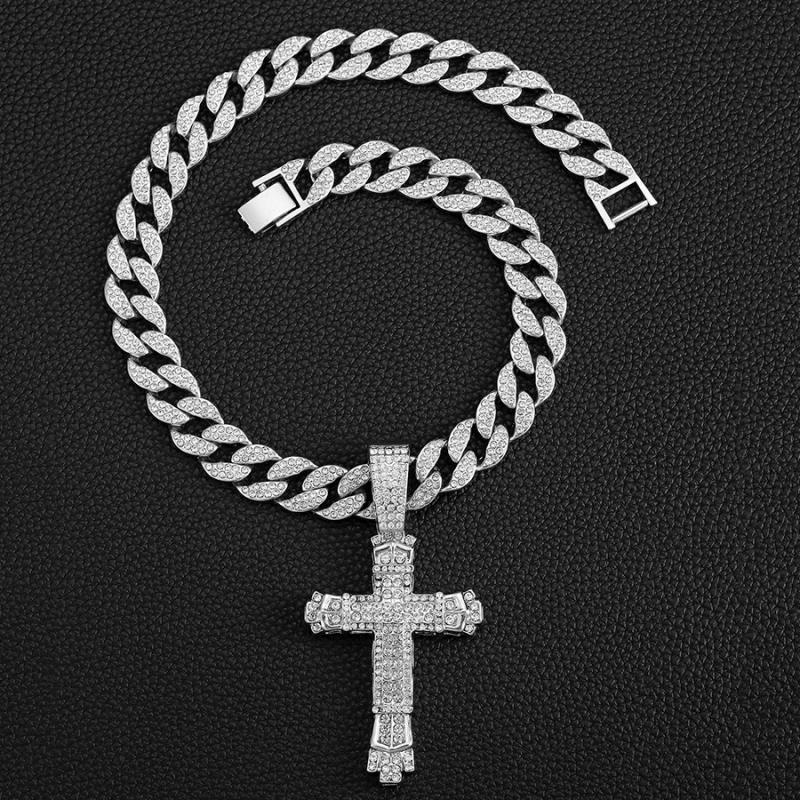 Crystal-Studded Detailed Cross Pendant with Adjustable Cuban Chain - Hip Hop Unisex Alloy Statement Necklace for Men and Women