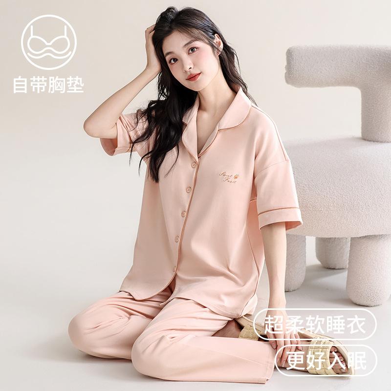 Women's summer pajamas with chest pads, short-sleeved trousers, cardigan, solid color, large size, premium simple cotton loungewear set