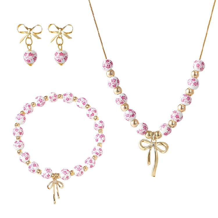 Fashionable Ceramic Bowknot Beaded Jewelry Set With Traditional Blue White Pattern For Women Accessory розовый