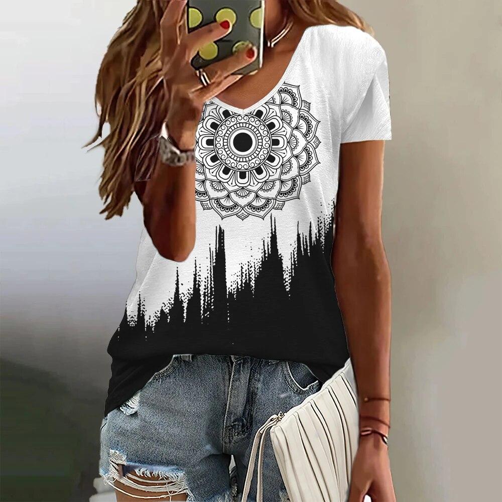 Gradient Pattern Women's T Shirt Summer V Neck Casual Short Sleeve Tees Female Oversized Harajuku Clothing Fashion Girls Blouse