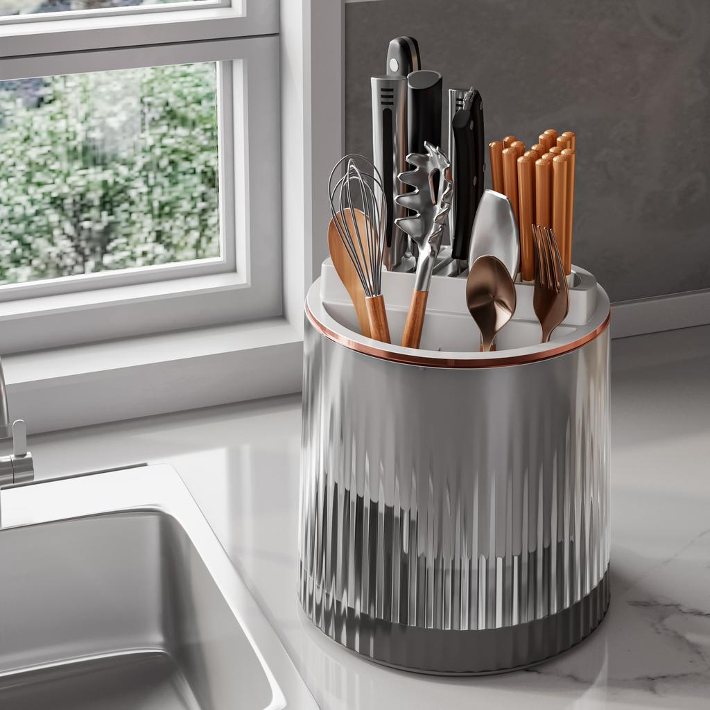 Kitchen Tabletop Rack Light Luxury Rotatable Knife Holder Kitchen Knife Storage Box Chopstick Cage Integrated Multi-Functional Storage