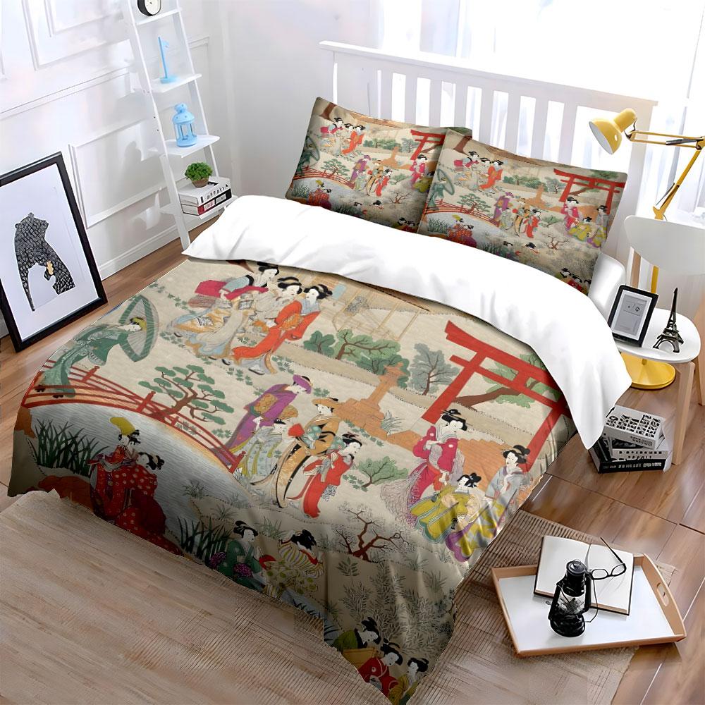 Elegant Japanese Garden Bedding Set 3pcs, Vintage Ukiyo-e Art Print Duvet Cover, Soft Cozy Bed Linens with Torii Gate Design