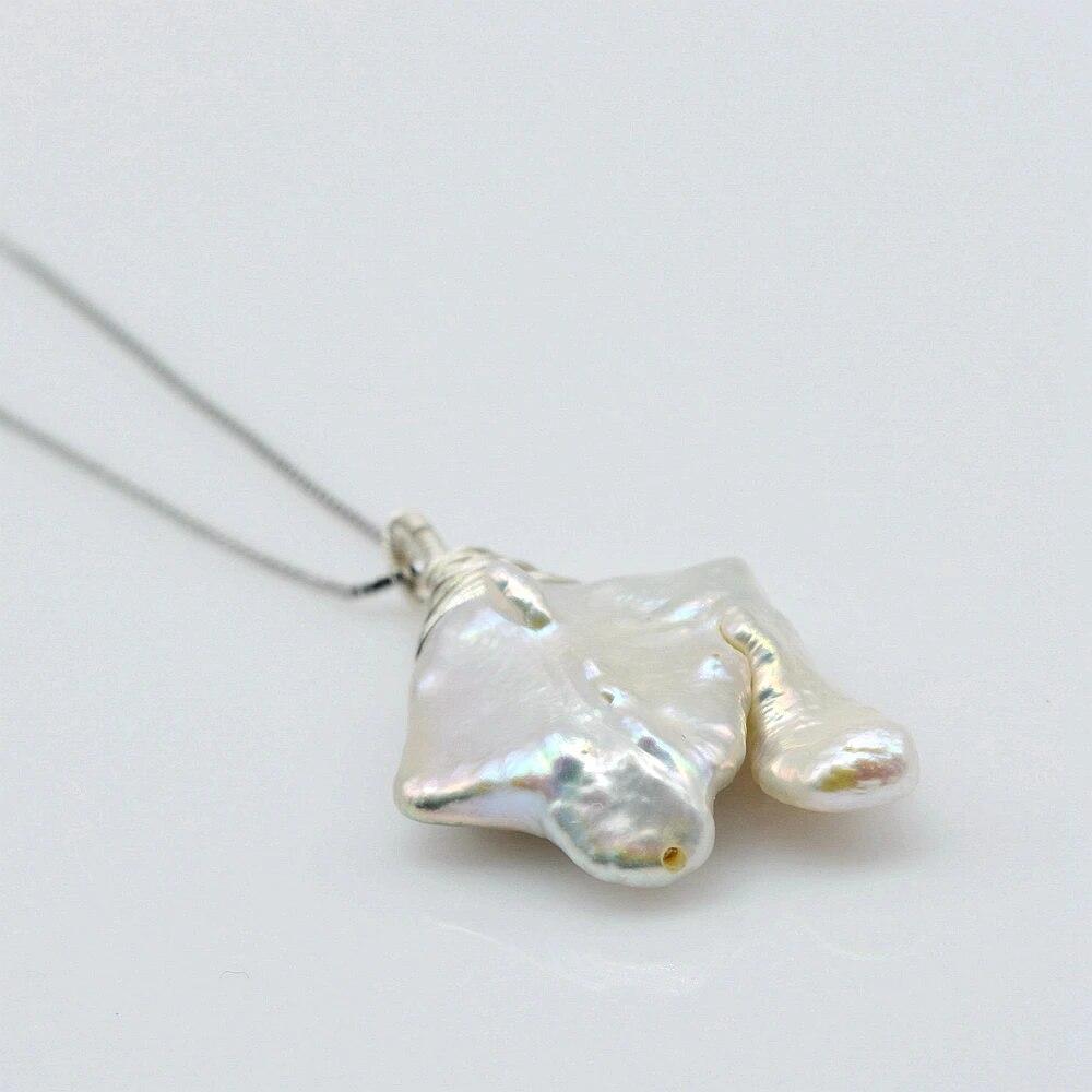 Large Pearl Pendant Natural White Freshwater Pearl Irregular Shape Handmade Silver Pendant Necklace Women's Silver Necklace