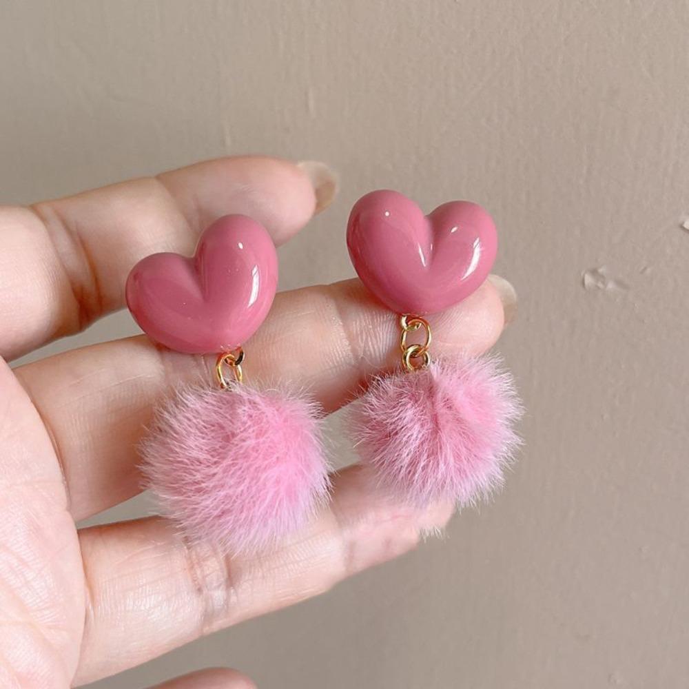 Pendant Heart Shaped Earrings Sweet Valentine's Day Earring Plush Ball Earring  Women Girls