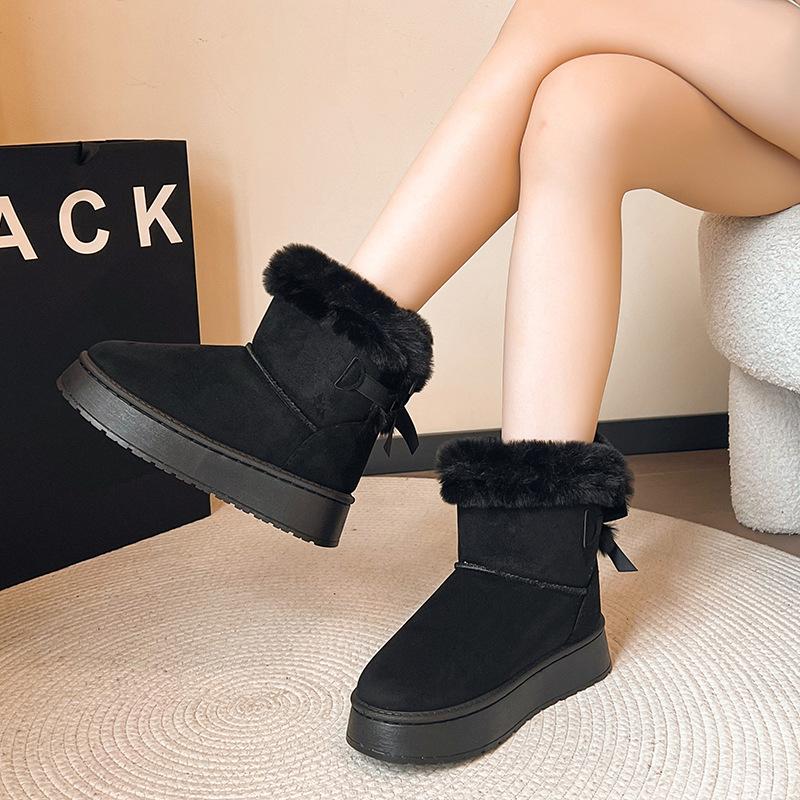 Winter Thick Soled Velvet Women's Snow Boots Hairy Mouth Warm Bow Decoration Ankle Boots Casual Beige Black Women's Boots